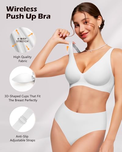 HORISUN Wireless Seamless Bras Deep V No Underwire Push Up Bra Full Coverage Comfort Support Bralettes for Women (White 40A) — view 4