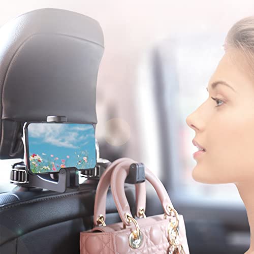 Image of Car Headrest Hook with Phone Holder, Universal 360 Rotation Headrest Hooks for Purses and Bags (Silver)