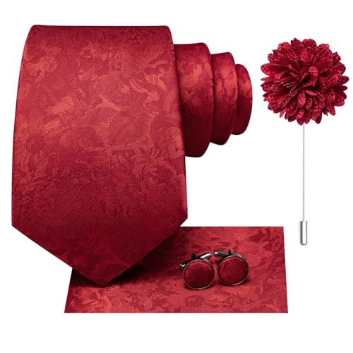 Image of Hi-Tie Mens Red Flower Ties Set Classic Woven Necktie Lapel Pin Pocket Square Cufflinks Sets Formal Business Wedding
