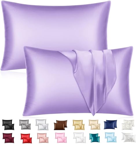 Mulberry Satin Silk Pillowcase for Hair and Skin - Soft Breathable Smooth Both Sided Silk Pillow Cover Pair - Standard Size 50x75cm, 2pc (Purple Pillow)