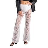 Pantalone da spiaggia da donna, pantaloni in pizzo, casual, per costume da bagno, trasparente, bikini, cover up, abbigliamento da festival clubwear, Bianco prospettiva, M