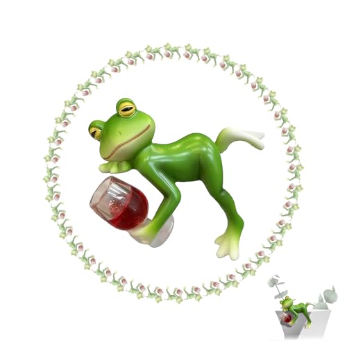 nnOuOnn Drinking Frog Statue Garden Decor, Funny Garden Fence Patio Balcony Lawn Resin Hanging Planter Cute Pot Decor Indoor Outdoor Whimsical Frog Figurine with Red Wine.