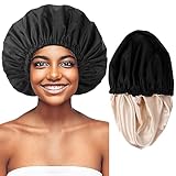 Adjustable Shower Caps for Women Reusable Waterproof Satin Lining Large Shower Cap for Women and Men Long Hair Braids Curly Hair (L,Black/Champagne)