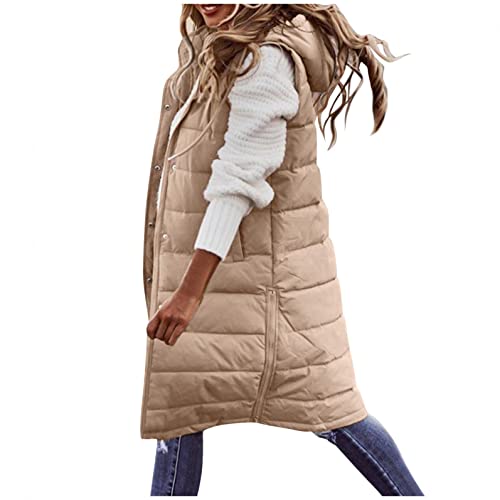 Daunenweste Damen Lang Winterjacke Daunenjacke Warm Weste Jacke mit Kapuze Steppjacke Wintermantel Casual Daunenmantel Slim Gilet mit Taschen Cover