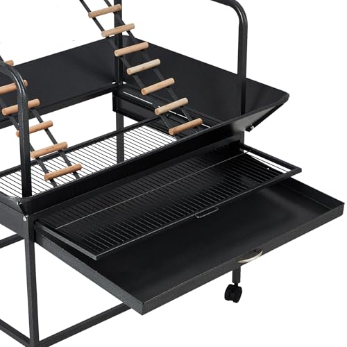 Image of Pet Products Parrot Playstand with Wheels, Bird Cage Stand Activity Play Center with Perches and Ladders, Indoor Outdoor Playground for Birds, Black Hammertone Finish