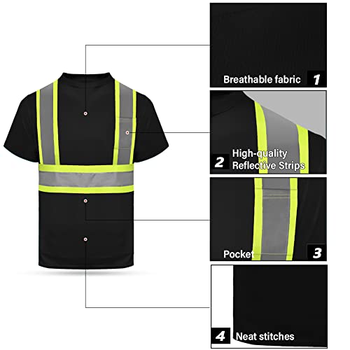 Hycoprot High Vis Reflective T Shirt Short Sleeve Safety Mesh Quick Dry Shirts (Black, Large) #TOP1