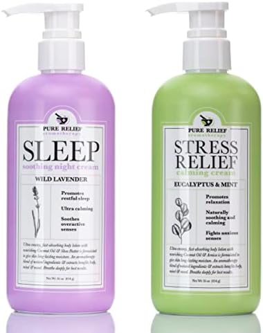 Pure Relief Sleep Body Lotion W/Lavender + Stress Relief Body Cream W/Eucalyptus & Arnica Aromatherapy Dry Skin Rescue Moisturizer Skin Care 2PC Set, Herbal Soothing Body Lotions, 16 Ounce (2-Pack)