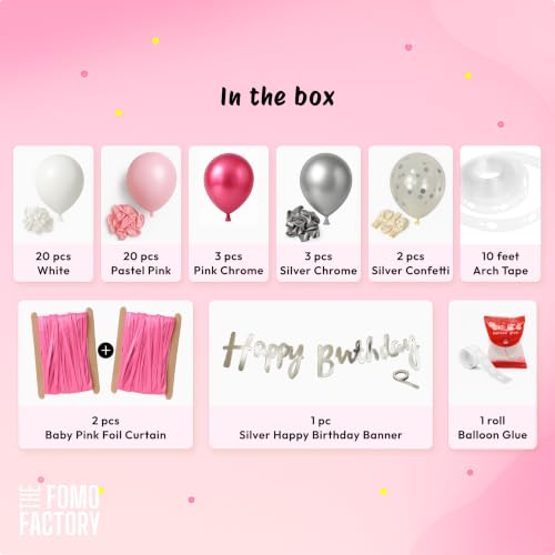 Image of The FOMO Factory Pastel Pink Birthday Decoration Kit | Silver, Pink Balloon Arch Kit + Large Pastel Pink Curtain + HBD Banner | Easy Birthday Decoration for Girls, Kids, Adults (Pink53)