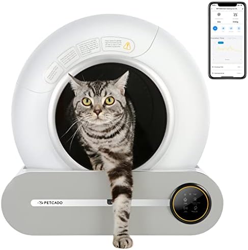 Self-Cleaning Cat Litter Box, Automatic Cat Litter Box PETCADO 24H for No Scooping with APP Control, Odor Removal, Safe Lock, Litter Mat, Quiet for Multiple Cats and All Kinds of Clumping Cat Litter