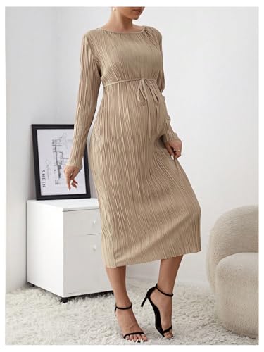 BEAUDRM Vestido feminino para gestantes texturizado, manga comprida, cinto para gravidez, vestido mi