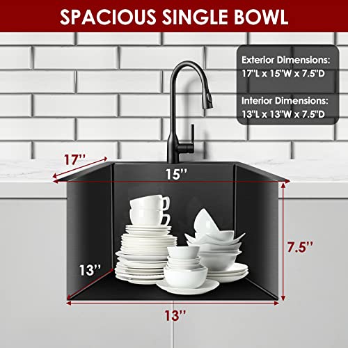 Burchain 17 X 15 Inch Drop In Kitchen Sink Top Mount Bar Sink 16 Gauge Stainless Steel Single Bowl Workstation With Sink Protector (Black) #TOP2