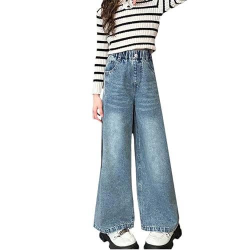 Girls Flare Denim Pants Side Smock Elastic High Waist Baggy Wide Leg Jeans Kids Casuall Trousers