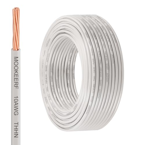 MOOKEERF THHN Wire 10 Gauge 100FT - OFC Stranded Copper 10 AWG Electrical Building Wire 600V with Nylon Jacket and PVC Insulation for Residential Ground Industrial CNC Panel Wiring - White