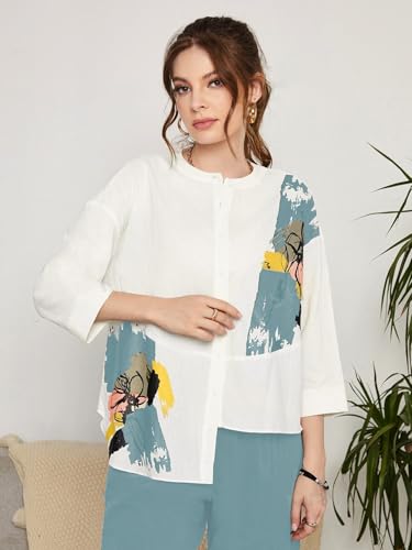 Image of TOPLOT Women's Co-ord Set | Button-up, Loose-fit top with Artistic Abstract Prints| Relaxed Loose Fit Design | Stylish Matching Set with Easy Movement | Casual, Outings (5234)