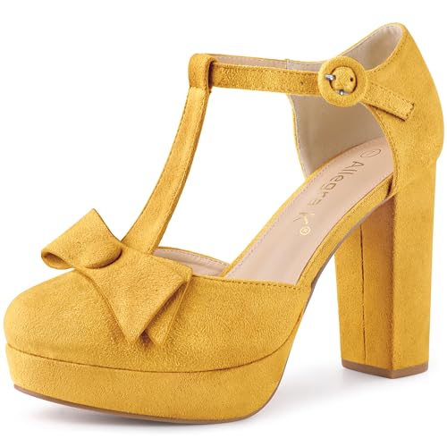 Allegra K Women's Round Toe Block Heel t Strap Yellow Pumps 10 M US