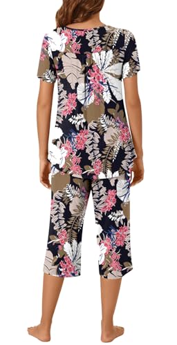 Image of Womens Summer Pajama Sets 2 Piece Short Sleeve Top and Capri Pants Plus Size Ladies Lounge Pjs Sets with Pockets
