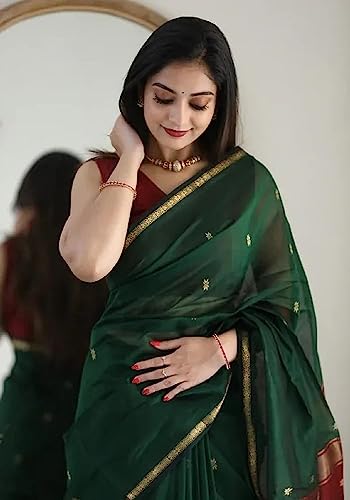 Image of SGF11 Women's Casual Style Kanjivaram Soft Cotton Linen Silk Saree With Regular Fit Blouse Piece (Green Maroon), Free Size