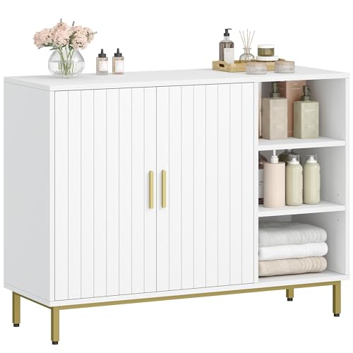 Fobyfurny Buffet, Meuble de Salle de Bain, Meuble de Rangement Indépendant à Deux Portes, Étagères Réglables, 100 x 35 x 75 cm, Blanc et Doré FFBC021PW1