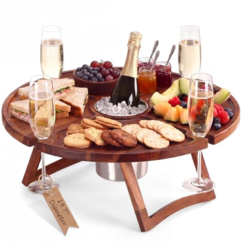Geetery Portable Wine Picnic Table 19.7 x 19.7 Inches Large Folding Wooden Picnic Table with Glass Holder Removable Center Tray Stainless Steel Cup for Beach Camping Outdoor Parties Wine Lovers Gifts