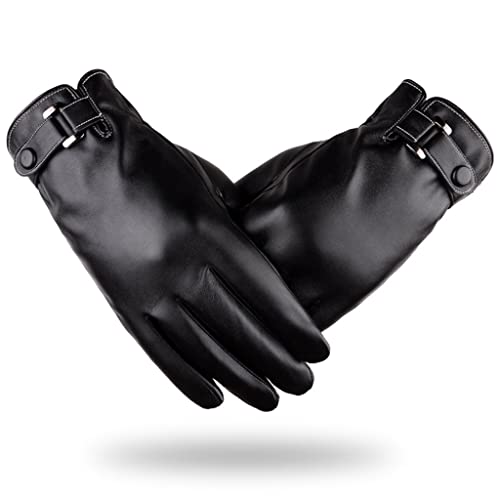 Image of PROBEROS Mens Winter PU Leather Gloves with Fleece Lining, Windproof Waterproof Touchscreen Driving Gloves for Riding, Cycling & Outdoor Wear Warm Stylish Gift for Men (Black)
