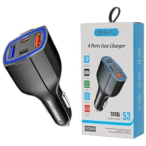 MOBISTAR USB Car Charger Adaptor, 53W 12-24V QC&PD Type C Phone Multi 4 Port USB 3.0 Black Car Charging Cigarette Lighter Adapter 3.1A Fit iPhone 15 14 Pro Max, Samsung S23/22, iPad, Galaxy Tab