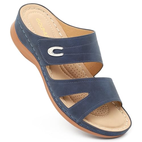 Goldnut Navy Blue Wedge Sandals for Women Dressy, Slip On Womens Slide Comfortable Walking Platform Sandals Summer Size 8.5