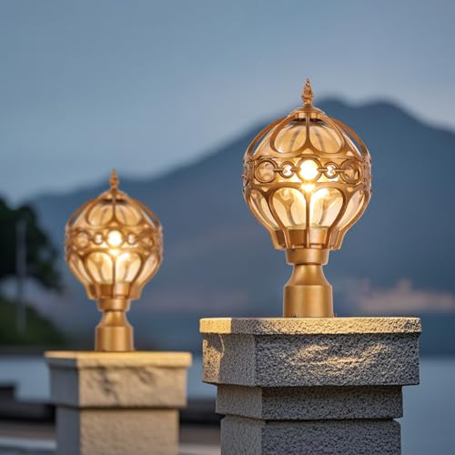 Globe Outdoor Post Light for Lawn Porch Garden Pathway Patio, Brass Waterproof Pier Mount Lamp Post Light Fixtures, Aluminum Post Lantern, Sphere Post Pole Light(2 Pack)