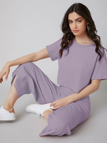 Greciilooks Ribbed A-Line Standard Length Floral Printed Rayon Western Co-Ord Set For Women(Available In 2Xl And 3Xl) (Gl-W1787&Tr846_Pruple