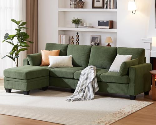 Image of Modular Sectional Sofa with Storage Ottomans, Corduroy Cloud Couch for Small Spaces & Apartments, Reconfigurable L /U Shaped Convertible Corner Sofa, Green, 5 Seater Sectional