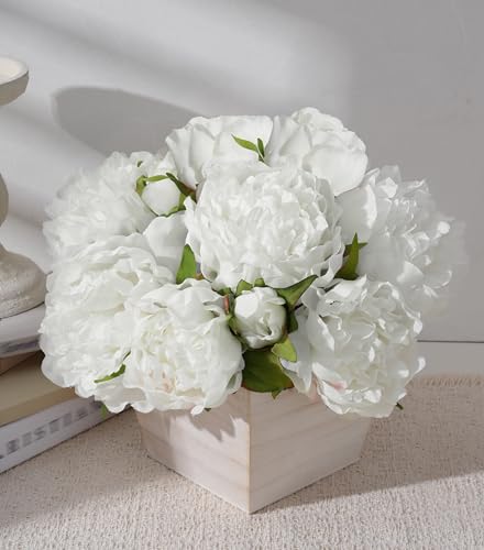 FancyPlus Artificial Hydrangea Flowers Arrangement in Wood Planter, 4PCS Fake Flowers in Wooden Vase Potted Floral Centerpieces for Tables Living Room Home Office Kitchen Decor (White Peony)