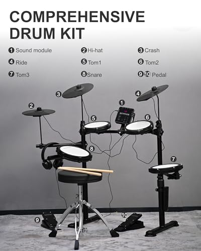 Electric Drum Set Adult, Electronic Drum Set for Beginners Adults, Drum Kit with 3 Mesh Pads, 150 Sounds, 30 Songs, 15 Kits, USB MIDI, Headphones, Throne, Sticks, Pedals, MT20C, Black - Thumbnail 6