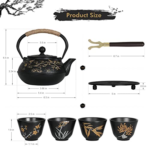 Rekrang Longevity Crane Cast Iron Teapot Set Japanese Style Tetsubin Tea Kettle With 4 Cups,Removable Infuser And Trivet Antique Cast Iion Teakettle For Stove 800Ml 28Ounce… #TOP1