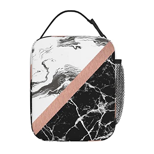 Marble Texture Modern Black Creamy Pink Gold Insulated Lunch Box For Women Man, Portable Lunch Bag Reusable Cooler Tote For Office Work Travel Picnic Camping Beach #TOP20
