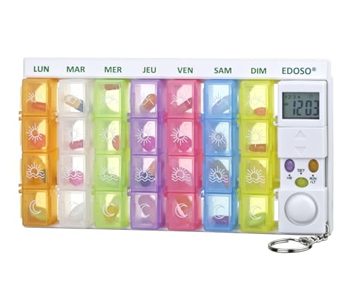 EDOSO - EDOSO Pilulier semainier avec alarme | Boîte à médicaments 7 jours avec minuterie et réveil pour rappel | Description en français | Alarme sonore renforcée | Piluliers colorés - -16%