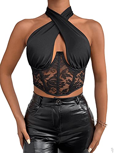 Floerns Women s Cut Out Criss Cross Sleeveless Contrast Lace Halter Crop Tops Black M