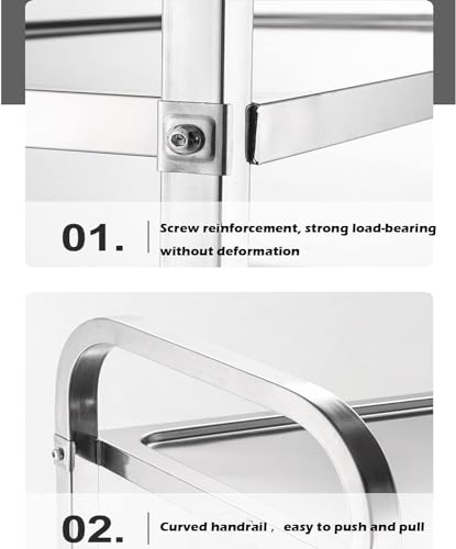 3-Tier Stainless Steel Utility Cart, Kitchen Trolley Cart, Rolling Serving Carts 330lbs Capacity Catering Shelf with Locking Wheels for Kitchen, Restaurant, Hotels, Home, Café, 95x50x95cm
