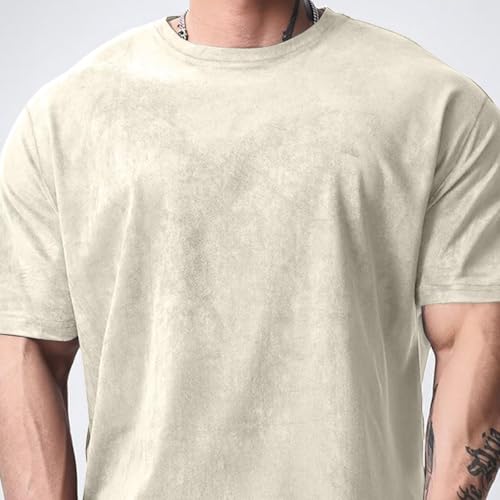 Men's Suede T-Shirt Short Sleeve Tops Crew Neck Loose Soft4