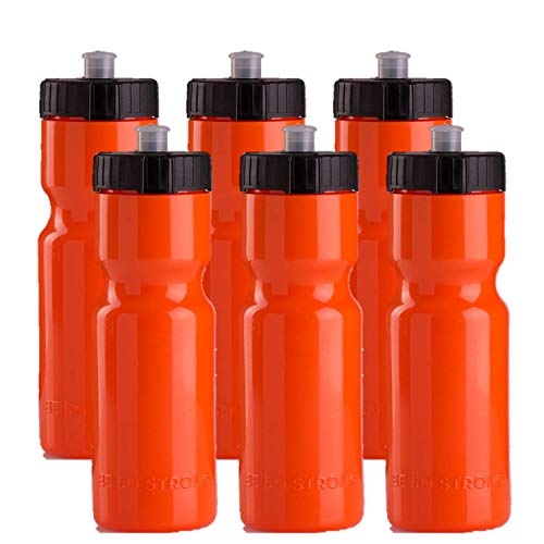 Sports Squeeze Water Bottles - Set of 6 - Team Pack – 22 oz. BPA Free Bottle Easy Open Push/Pull Cap – Made in USA - Multiple Colors Available (Orange/Black)