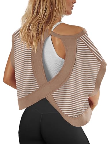 Panadila Workout Tops for Women Open Back Shirts Oversized Backless Striped Tee Athleisure Gym Pilate Dance Wear(Khaki White Combo,M)