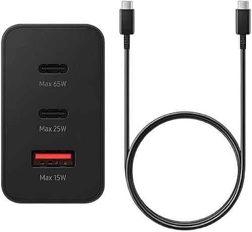 65W 3-Port Super-Fast Wall Charger, USB-C and USB-A Ports, with USB-C Cable, Black