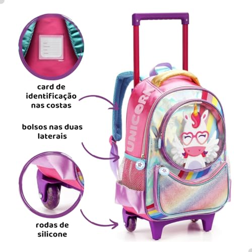 Kit Mochila De Rodinha Unicórnio Infantil Menina Escolar Com Lancheira Térmica e Estojo