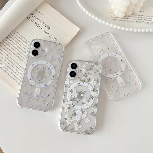 Étui magnétique iPhone 16 coque transparente fleurs de qualité