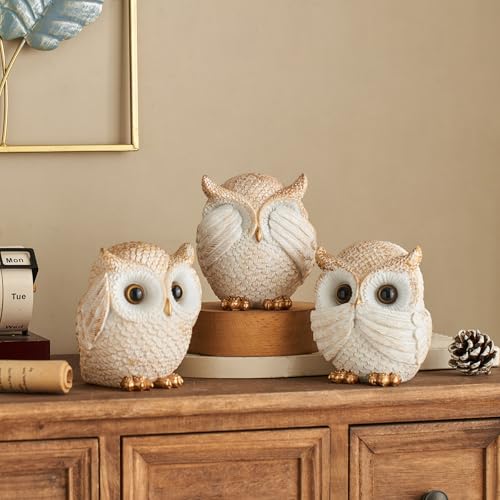 Set de 3 Figuras de Búhos Blancos y Dorados de Resina 4.9 in miniatura 5