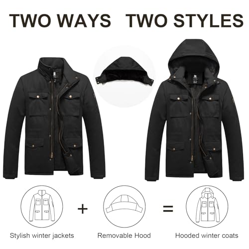 Pursky Men's Winter Military Jacket Fleece Lined Warm Cotton Coat Windproof Thicken Parka with Removable Hood3