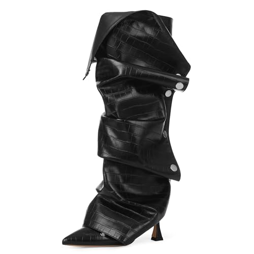 Women's Knee High Matte Faux Leather Pointed Toe High Heels Boots Ruched Stiletto Wide Calf Zipper Slouchy Dress Boots2
