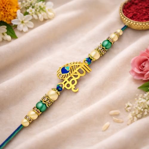 Image of Riddhika Ventures Glorious Gold Plated Auspicious Diamond Ring Rakhi with Roli Chawal and Greeting Card