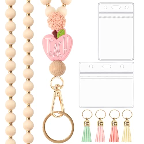 BESARME Teacher Lanyard with ID Holder Cute Wooden Beaded Lanyards for ID Card Badges Holder Boho Tassel Key Ring for Women