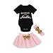 Jimmackey 3pcs Bambine Vestiti Set Neonata Lettera Pagliaccetto Tuta Cime + Bowknot Tulle Tutu Gonna + Archetto (Nero, 12 Mesi)