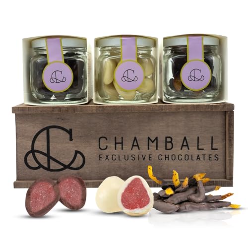 CHAMBALL – Caja de bombones Madera con Fresas Chocolate Blanco & Negro y Naranja Confitada – 280g | Chocolates para Regalar, Caja Bombones Gourmet, Chocolate Regalo San Valentín, Cumpleaños