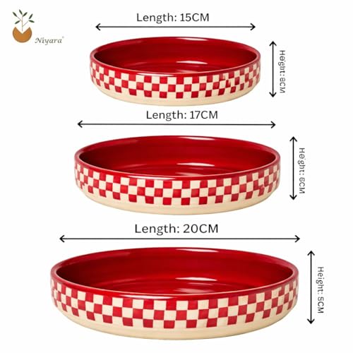 Image of Niyara Stoneware Handmade Ceramic Stylish Premium Serving Bowls /Salad Tray Microwave Dishwasher Safe (White & Red Pattern Set of 3)